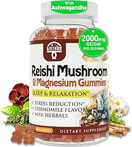 Reishi Mushroom Gummies, Cortisol Supplementen voor vrouwen en mannen, met Reishi Mushroom Extract, Ashwagandha, Magnesium, Relaxatie Kruiden Mengen voor rust, kalmte, Immune & Energy, Veganistan, 60 Gummies