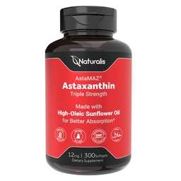 Naturalis New Zealand Astaxanthin (12mg) | Triple Strength with High-Oleic Sunflower Oil | Non-GMO, Soy & Gluten Free | 300 Softgels (10-Month Supply)