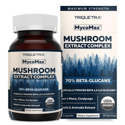 MycoMax Mushroom Complex - 70% Beta Gluconen, Max Potency Mushroom Supplement, US Grown + Ultrasonic Extraction - Lions Mane, Cordyceps, Reishi & More - Cognition, Immunity, Energy - 60 capsules