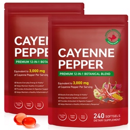 Cayenne Pepper Capsules, Cayenne Pepper Capsaicin Supplements Support Leg Vein, Heart Health and Blood Circulation, with Vitamin E D3 K2 and Extracts of Grape Seed, Beetroot and Turmeric, 2 Pack