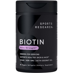 Sportonderzoek® Biotine 5.000 mcg met biologische kokosolie - Biotine (Vitamine B7) voor gezonde huid- en haarondersteuning* - voor vrouwen en mannen - Veganistisch, non-GMO, Gluten & Sojavrij - 30 Veggie Softgels