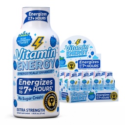 Vitamin Energy Blue Raspberry Twist Extra Strength Energy Shot, 12 Pack - Up to 7 Hrs, 260mg Natural Caffeine, Zero Sugar - Electrolytes + BCAAs, Hydration, B12 B6 Niacin, 1.93 fl oz, Keto Vegan