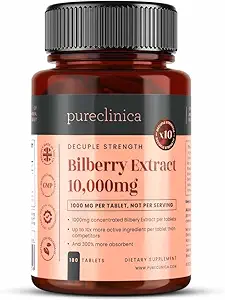 Pureclinica Bilberry Extract 10.000mg x 180 tabletten (6 maanden Supply)- 10X Meer anthocyanidine Plus 5mg Black Pepper per tablet