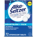 Alka-Seltzer Heartburn + Douleur Effervescent Aspirine + Comprimés antiacides, Soulagement rapide des brûlures d'estomac et de l'indigestion acide, Soulagement de la douleur avec Aspirine, 72 Ct
