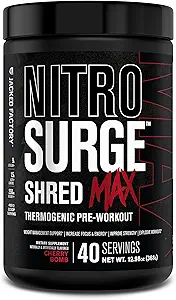 Jacked Factory Nitrosurge Shred Max Preworkout - High-Prestance Thermogenic Pre Workout Powder voor mannen en vrouwen met L Citrulline, Acetyl L Carnitine, Biologische Cafeïne - 40 Servers, Cherry Bomb