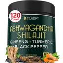 5in1 Ashwagandha Extra sterkte met Shilajit voor uithoudingsvermogen, energie en ontspanning ondersteuning - Plus Ginseng, Turmeric Root & Black Pepper - 120 Tellen