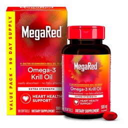 MegaRed Antarctische Krill Oil 500mg Omega 3 Fatty Acid Supplement, Extra Strength EPA & DHA Krill Oil Softgels (90cnt Box), Astaxanthine, Heart Health Supplement zonder Fish Oil Aftersmaak