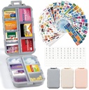 3 Pack 14 Grids Travel Pill Organizer Box met 415-Pcs Medicine Naam Labels - Pocket Daily Pharmacy Case Container Kit - Travel Medication Holder Dispenser voor Visolie Vitamine Supplement Opslag