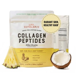 Live Conscious Collagen Peptides Powder - Piña Colada Flavor - Type I & III for Hair, Skin, Nails & Joint Support - Hydrolyzed, Grass-Fed Bovine - Women & Men, 30 Servings - 12.8oz