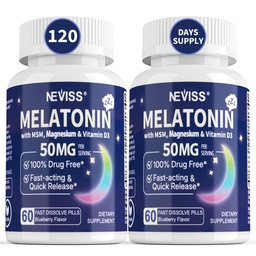 NEVISS Melatonine 50 mg voor volwassenen - Extra sterkte 9-in-1 Snelle oplossing Sublingual - Hoge dosis met Magnesium Glycinaat, Vitamine D3, Ashwagandha, Citroenbalsem, kamille, Suikervrij,Vegan 120 tabletten