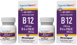 Superior Source No Shot Vitamin B-12 Methylcobalamin 1000 mcg, B-6 & Folic Acid 800 mcg - Supports Brain & Heart Health - Aids Natural Energy Levels - 60 Sublingual Dissolving Tablets (Pack of 2)