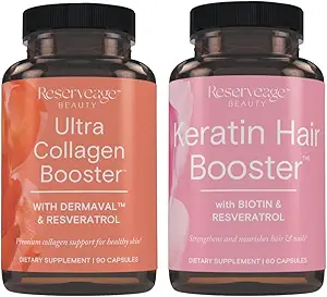 Reservering Ultra Collageen Booster & Keratine Hair Booster - Kenmerken Dermaval, Biotin & Resveratrol - Ondersteuning van haar en huid - 90 Ultra Collageen Capsules, 60 Keratine Capsules
