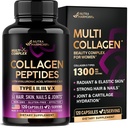 Multi Collageen Peptides - Gehydrolyseerde types I, II, III, V & X - Collageen Supplement for Women 1300mg - w/ Hyaluronic Acid, Vitaminen C & E - Huid, Haar, Nagels & Joint Support - Made in USA, 120 Capsules