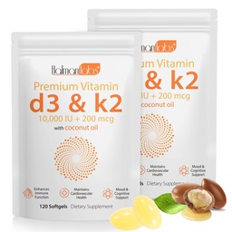 2 zak Vitamine D3 K2 Supplement Softgel, Vitamine D3 K2 Softgel met 10000 IE Ondersteunt Immune, Hart, Tanden & Bone Health, Vrij van GGO, Gluten, Soja