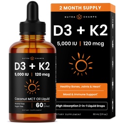 NutraChamps vitamine D3 K2 druppels, vloeibare vitamine D3 5000 IE & K2 D3 met MK7, vitamine D druppels voor kinderen, botten, hart en immuun gezondheid, vloeibare vitamine D in MCT olie voor betere absorptie