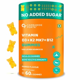 Carbamide Forte Vitamin D3 K2 B12 Gummies | Vitamin B12 Supplements & Vitamin D Supplement | Plant Based Veg Lichen Source D3 Supplement For Bone Health | Mango Flavor - 60 Gummies