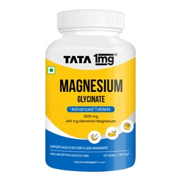 Tata 1mg Magnesium Glycinate Tablets |2000mg | High Absorption Chelated form for Muscle Recovery, Sleep & Nerve Health | 2000mg Per Serving – 120 Veg Tablets