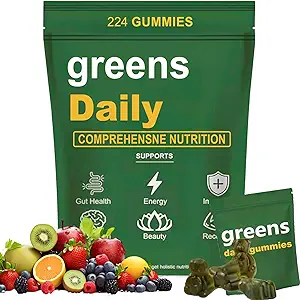 Greens Gummies - Organische Chlorella en Spirulina, Digestieve & Gut Health, Geformuleerd met 60+ Ingrediënten, Multi-Vitaminen & Mineralen, Dagelijkse Gummies, 224 Gummies Bear