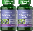 Puritan's Pride Premium Bilberry Fruit Extract 250 mg (1000 mg equivalent), 4:1 Geconcentreerde traditionele kruidensupplement, vitamine C, 3 tot 6 maanden Supply, 180 Rapid Release Softgels 2-pack