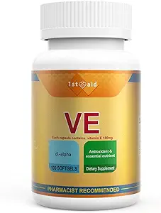 1ère aide Vitamine-E 180-mg DL-Alpha Tocotrienols-Capsules - 100Softgels Soutien cardiaque et immunitaire Softgels diététiques pour les femmes Antioxydants Soutien