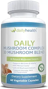 Santé quotidienne 10 Complexe de mélange de champignons 60 Capsules Cordyceps, Reishi, Shiitake, Lions Mane, Maitake, Turkey Tail, Chaga, Agaricus, White Button, Black Fongus, Vegan Friendly (1 mois d'approvisionnement)