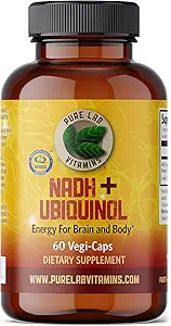 Pure Lab Vitamins NADH 10mg with Ubiquinol 40 mg - 60 Vegi Caps Bioactive VIT B3 and CoQ10 for Brain and Body Energy. Made in Canada