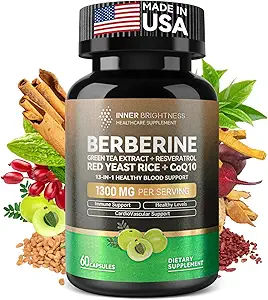 Berberine 1300mg avec extrait de thé vert, resvératrol, riz de levure rouge et CoQ10 – Santé 13-en-1 Immune, soutien métabolique naturel – 60 Capsules – Non-OGM, laboratoire testé