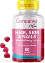 CONCEIVE PLUS Hair Skin & Nails Gummies - Extra-sterke biotine, VIT A, C, D3, E Vitamines - Vegan, Hair Growth Supplement - Gelatine-Free - 60 Tel.