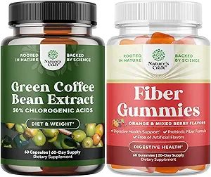 Bundel van Pure Green Coffee Bean Extract met 50% Chlorogenic Acid voor Antioxidant Heart Health Mental Focus en smakelijke Fiber Gummies met Prebiotic Oplosbare Chicory Root voor Immunity Digestieve Ondersteuning
