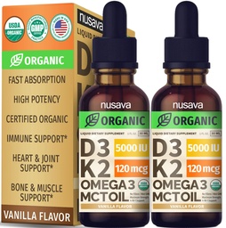 (2 verpakkingen) Biologische vitamine D3 K2 druppels met MCT olie Omega 3, 5000 IE - Maximale sterkte Vitamine D vloeistof, geen fillers, niet-GMO vloeibare D3 voor snellere absorptie en Immune ondersteuning (Vanilla, 1 Fl OZ x 2)
