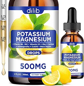 Supplément de citrate de magnésium de potassium, gouttes de citrate de magnésium liquide 500mg avec Ashwagandha, Calcium, zinc, vitamine D3, B6, B12, CoQ10 - Vegan 2 fl oz ananas