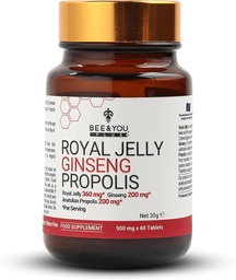 Bij en u Royal Jelly met Ginseng Tablet, Propolis Extract, 60ct, 100% natuurlijke Superfood, Ultra Pure, Immune Support Supplement, Antioxidanten, Keto, Paleo, Glutenvrije