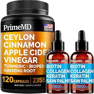 4-in-1 Liquid Biotin Collageen Keratine Saw Palmetto Drops (2 fl oz - 2 Pack) & 5-in-1 Ceylon Cinnamon w Turmeric & Ginseng Root (120ct) Bundel - Hair, Skin, Nails, & Immune Support Supplement