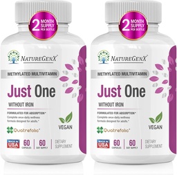 Slechts één dagelijkse gemethyleerde multivitamine met Methyl B12, Quatrefolic Methylfolaat, Pure MTHFR Supplement voor mannen en vrouwen zonder ijzer, 2 flessen (60 Vegan Capsules), USA-Made