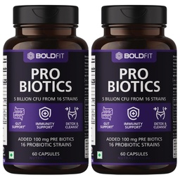 Boldfit Probiotics 5 Billion CFU with 16 Strains and Prebiotics for Gut Cleanse Detox Digestive Health Bloating Relief Constipation Probiotic Supplement for Men and Women Supports Immunity Booster - 120 Veg Capsules