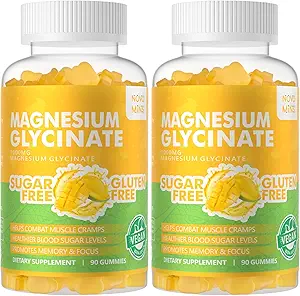 Magnesium Glycinate Gummies 1000mg - Suikervrij Magnesium Kaliumsupplement met Vitamine D, B6, CoQ10 voor Kalm Mood & Slaap Ondersteuning - 180 Mango Ananas