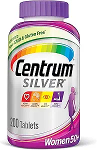 Multivitamine d'argent centrum pour femmes 50 Plus, supplément multivitamine/multiminérale avec vitamine D3, vitamine B, calcium et antioxydants, sans gluten, ingrédients non OGM - 200 Nombre
