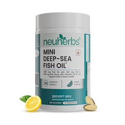 Neuherbs Mini Deep Sea Omega 3 Fish Oil Capsules 1000mg Supplement | EPA - 360mg, DHA - 240mg | With Vitamin E & D3 | Supports Heart, Brain, Muscle & Joint Health| Lemon Flavour - 200 Softgels