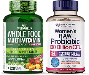 Geheel Wellness Food Multivitamine voor vrouwen - Natuurlijke Multi Vitaminen, Mineralen, Biologische Extracten + Dr. Geformuleerde Raw Probiotica voor vrouwen 100 miljard CFUs met Prebiotica bundel