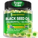 Black Seed Oil Gummies, Chlorofyl & Sea Moss Supplement 500mg, Biotin 500mcg met gehydrolyseerde collagen voor de huid, haar en nagels, Vit E, C, zink voor de algehele gezondheid, Organisch koud geperst, hoge Absorptie