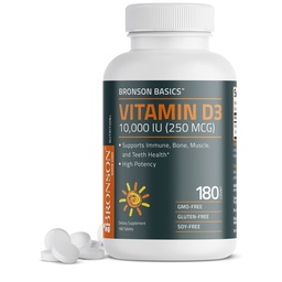 Bronson Vitamine D3 10.000 IE (250 MCG) voor gezonde spierfunctie en immuunondersteuning, Non-GMO, 180 tabletten