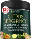6in1 Citrus Bergamot Supplement met Ashwagandha, Heilige Basil, Kurkuma en Gemberwortel - Gezonde Veroudering, Immune & Relaxatie - 120 Vegan Capsules