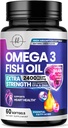Omega 3 Visolie Supplementen 2400mg - Triple Strength Omega 3 Vetzuren, Natuurlijke Hart Gezondheid Hersenen & Gezamenlijke Ondersteuning - Vetzuren met EPA & DHA - Wild Caught Fish Oil Supplement - 60 Softgels