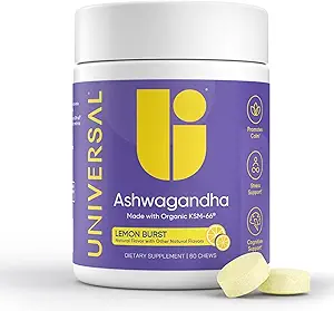Ashwagandha KSM- 66 Kauwen - Dagelijkse stress, Cognitieve functie en Mood ondersteuning Kauwbare supplement, hoog biologisch beschikbaar volledig spectrum KSM66 Ashwagandha Root Extract, Kalm & Relaxation - Lemon, 60 Tel.