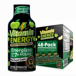 Vitamine Energie Workout+ Extra sterkte Energie Shot Sour Apple 48 Pack, 260mg Natural Cafeine, Pre-Workout, B-Vitamins, Mineralen, Endurance & Performance, Zero Sugar, Gluten-Free, Veganistan, 1,93 fl oz