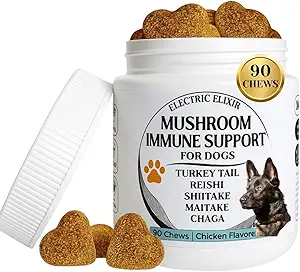 Honden Immune Support Mushroom Supplement - Ondersteunt de levensduur, cognitie, Joint, Cellular & Gut Health - Alle natuurlijke biologische, GrainFree - Steun voor Lumps en Bumps, Kip smaak - 90 Kauwen