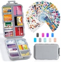 14 Grids Travel Pill Organizer Box met 415-Pcs Medicine Naam Labels - Pocket Daily Pharmacy Case Container - Travel Medication Holder Dispenser Kit voor Visolie Vitamine Supplement Opslag - Grijs