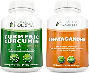 Organic Turmeric Curcumin 700mg & Bioperine + Organic Ashwagandha 1300mg & Black Pepper - Vegan Bundle - 120 + 180 Capsules - Made in USA
