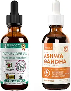 Adrénal actif + Ashwagandha actif - Soutien Santé Adrénal + Énergie - Livraison liquide pour une meilleure absorption - Rhodiola, Ashwagandha, B-Vitamines, Saint Basil et plus!