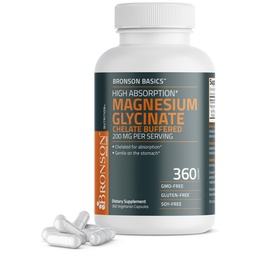 Bronson Magnesium Glycinate 200mg hoge absorptie chelated buffered zachtheid op de maag non-GMO, 360 vegetarische capsules